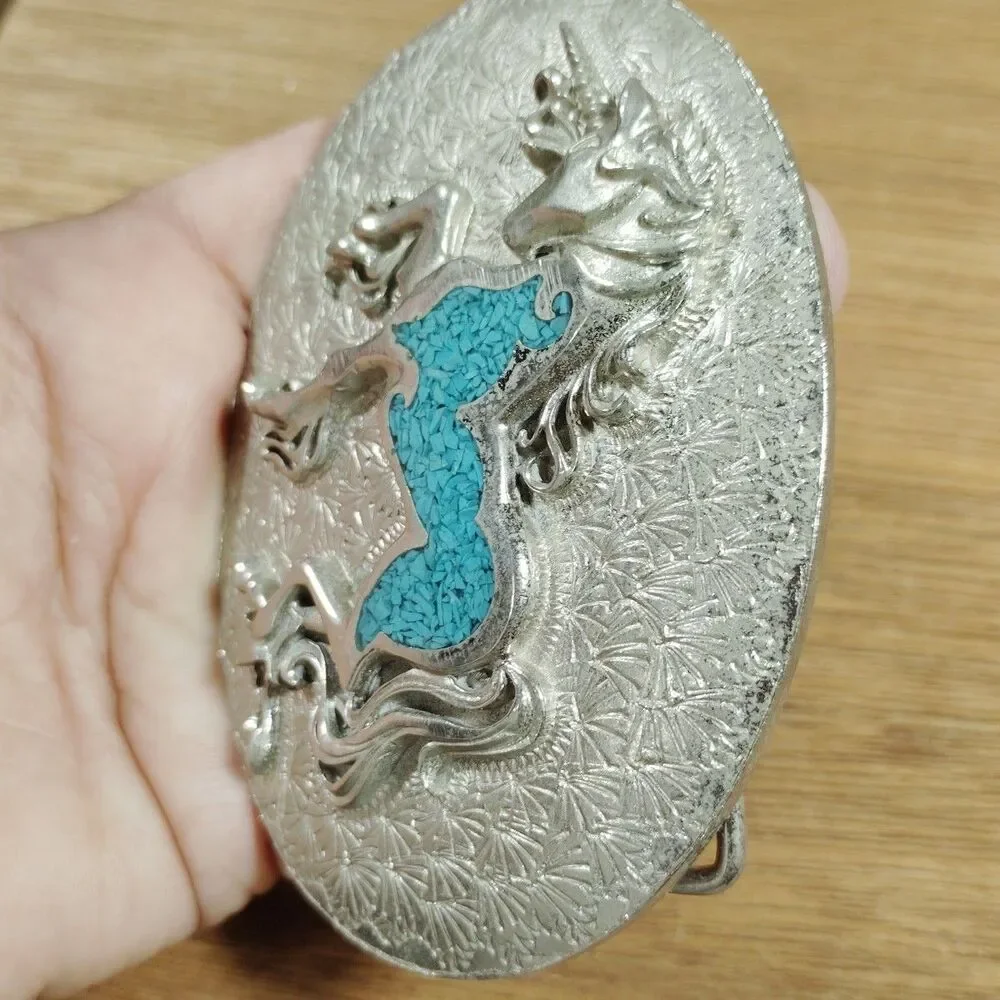 Vintage Unicorn Turquoise Chip Inlay Oval Belt Buckle Silver Tone Mystical Magic
